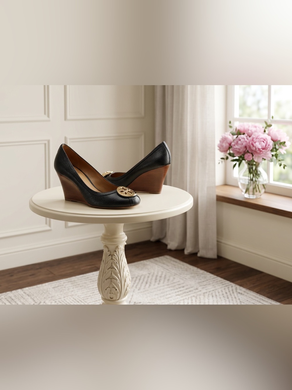 Tory Burch Black Leather Wedge Pumps with Gold Logo